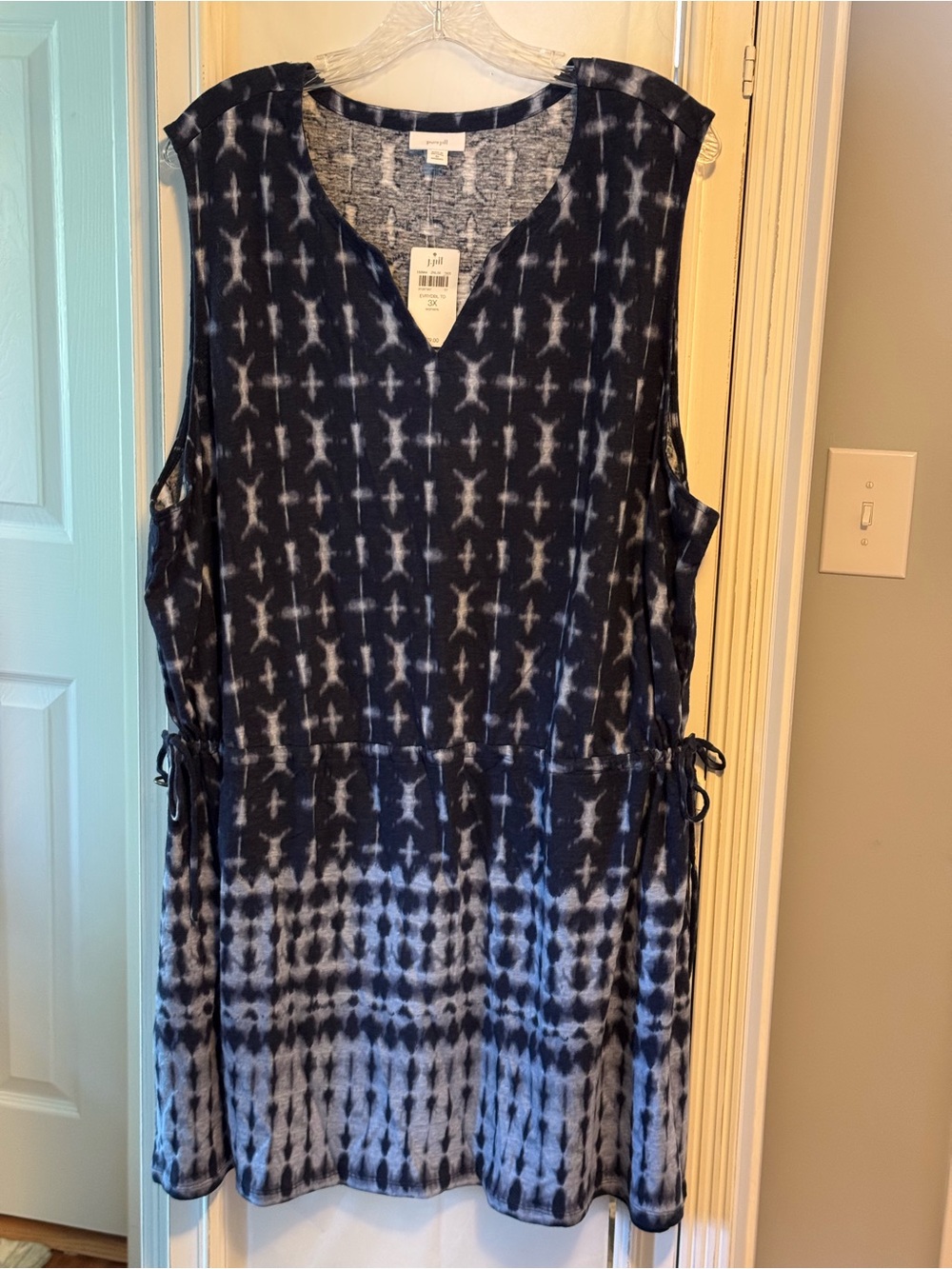 NWT J. Jill Navy and White V-Neck Tie-Dye Tunic with Drawstring Waist Size 3X